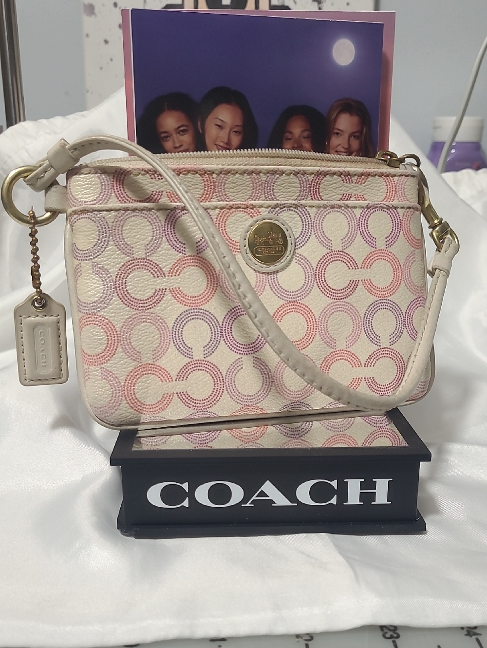 Coach Op Art Pale Pink & White Signature Wristlet with Gold Accent